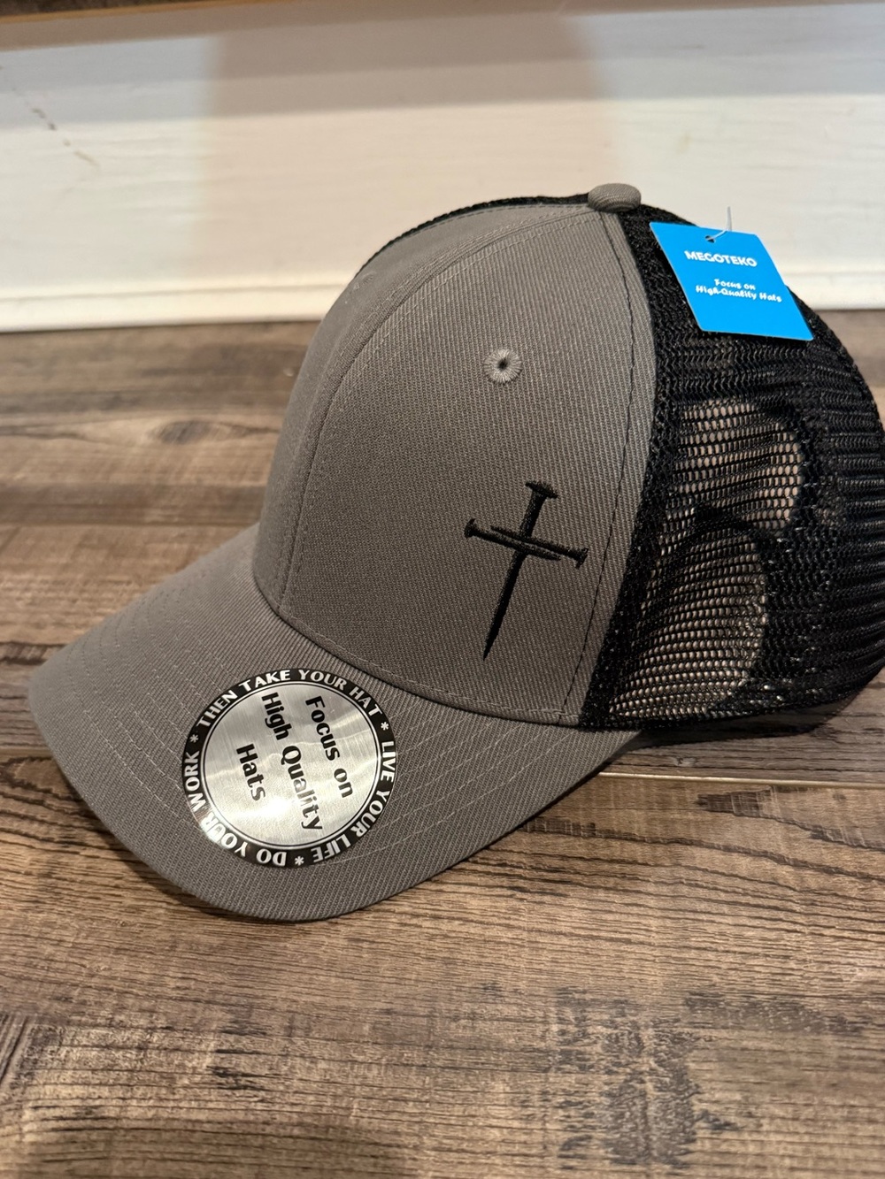 Gray 3 nails embroidered Trucker Hat with Black Mesh and Cross Logo new